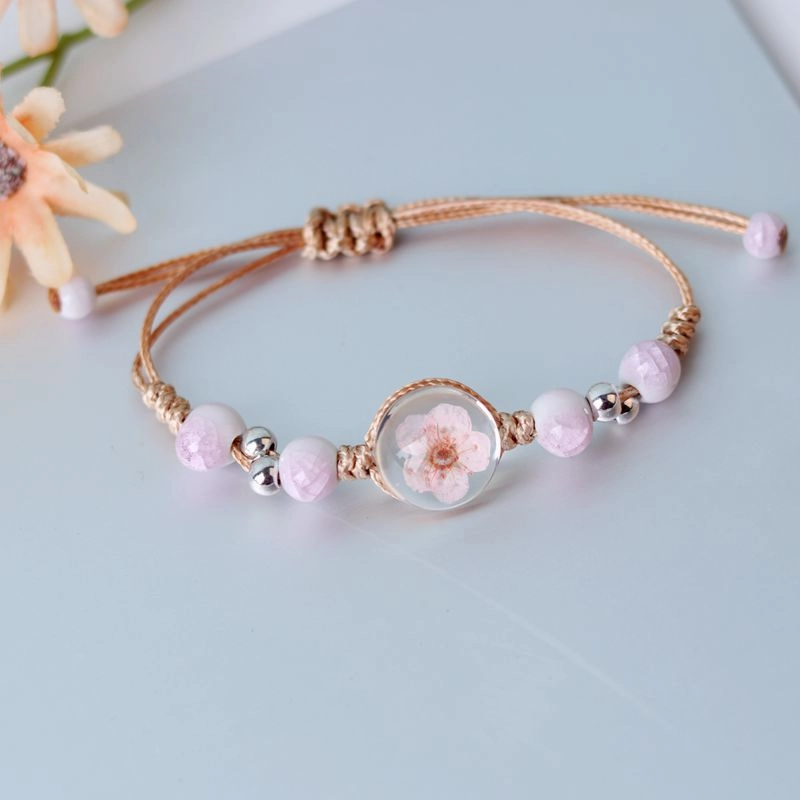 Wholesale Baby's Breath Dried Flowers Pull Adjustable Glass Ball Bracelet