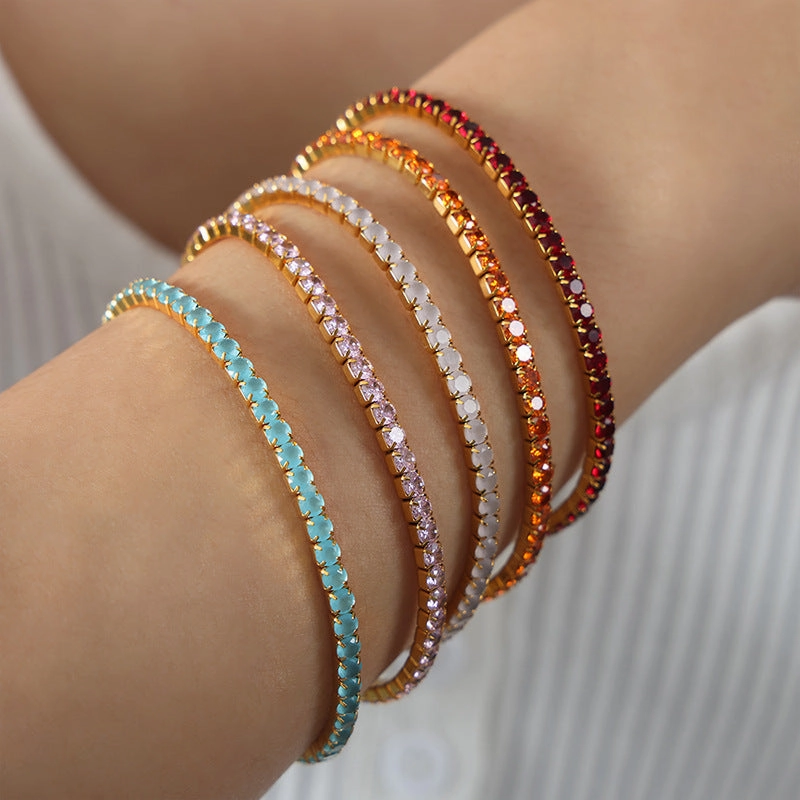Wholesale Baroque Faceted Colorful Zircon Stretch Titanium Steel Gold Plated Bracelet
