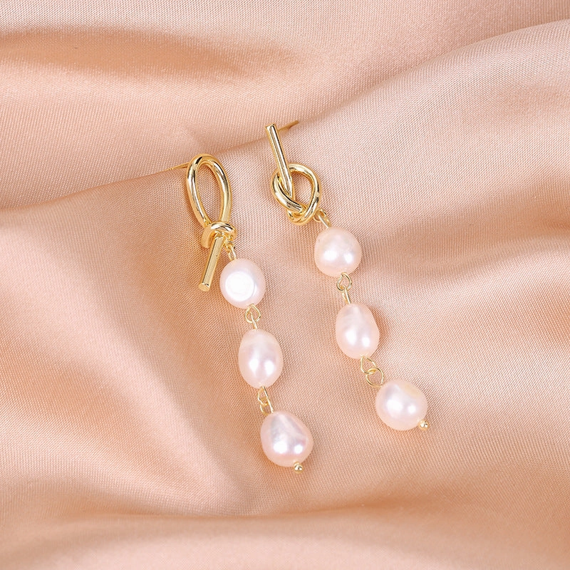 Wholesale Baroque Natural Freshwater Pearl Knotted Irregular Alloy Earrings