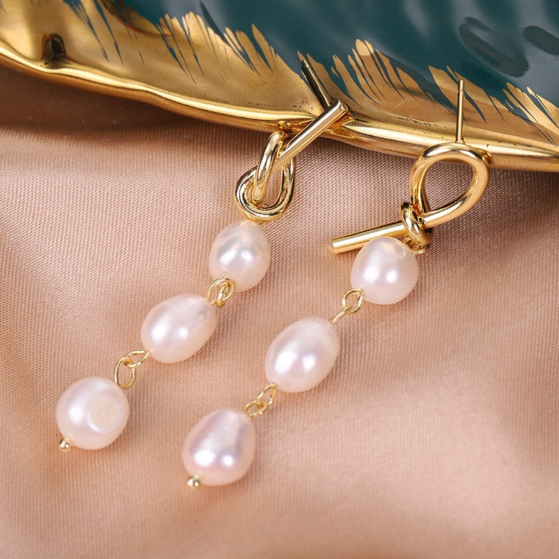 Wholesale Baroque Natural Freshwater Pearl Knotted Irregular Alloy Earrings
