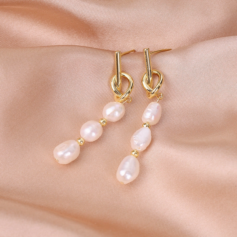 Wholesale Baroque Natural Freshwater Pearl Knotted Irregular Alloy Earrings