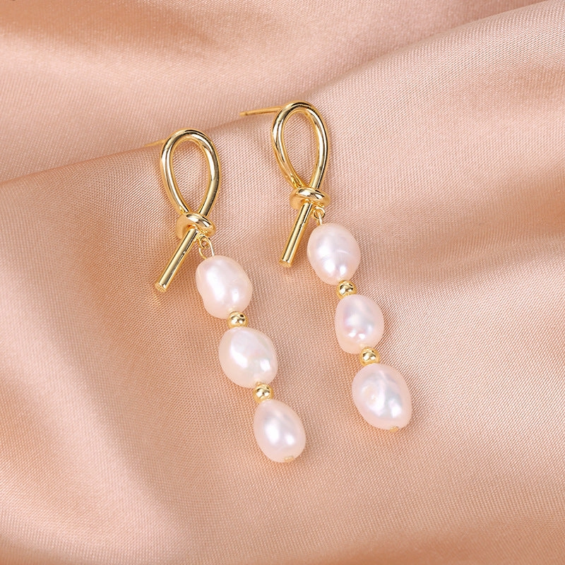 Wholesale Baroque Natural Freshwater Pearl Knotted Irregular Alloy Earrings