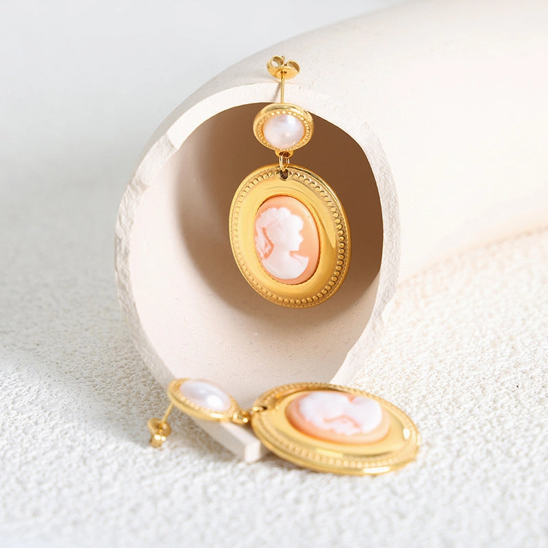 Wholesale Baroque Pearl Oval Portrait Gold Plated Earrings