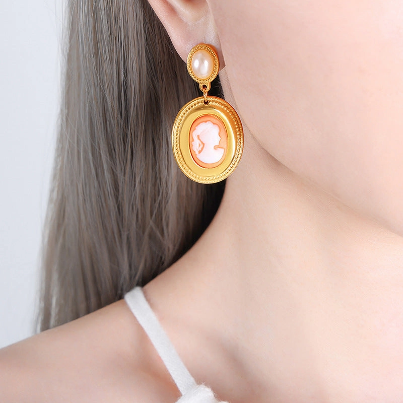 Wholesale Baroque Pearl Oval Portrait Gold Plated Earrings