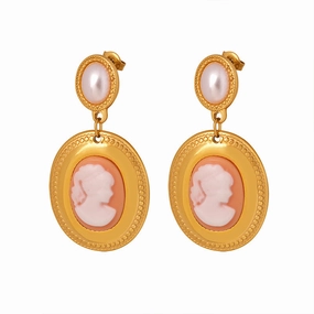 Wholesale Baroque Pearl Oval Portrait Gold Plated Earrings