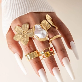 Wholesale Baroque pearl vintage metal lava flower combination ring six-piece set