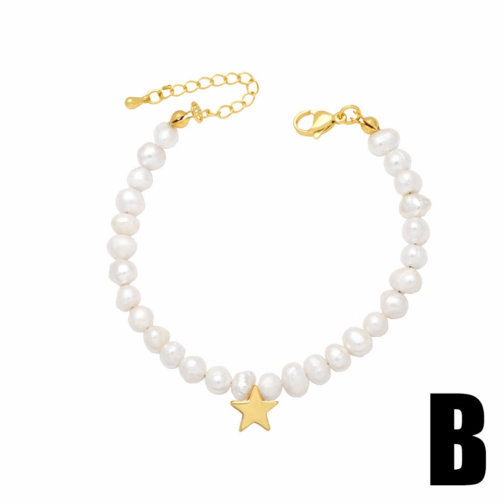 Wholesale Baroque Shaped Pearl Heart Pentagram Copper Bracelet