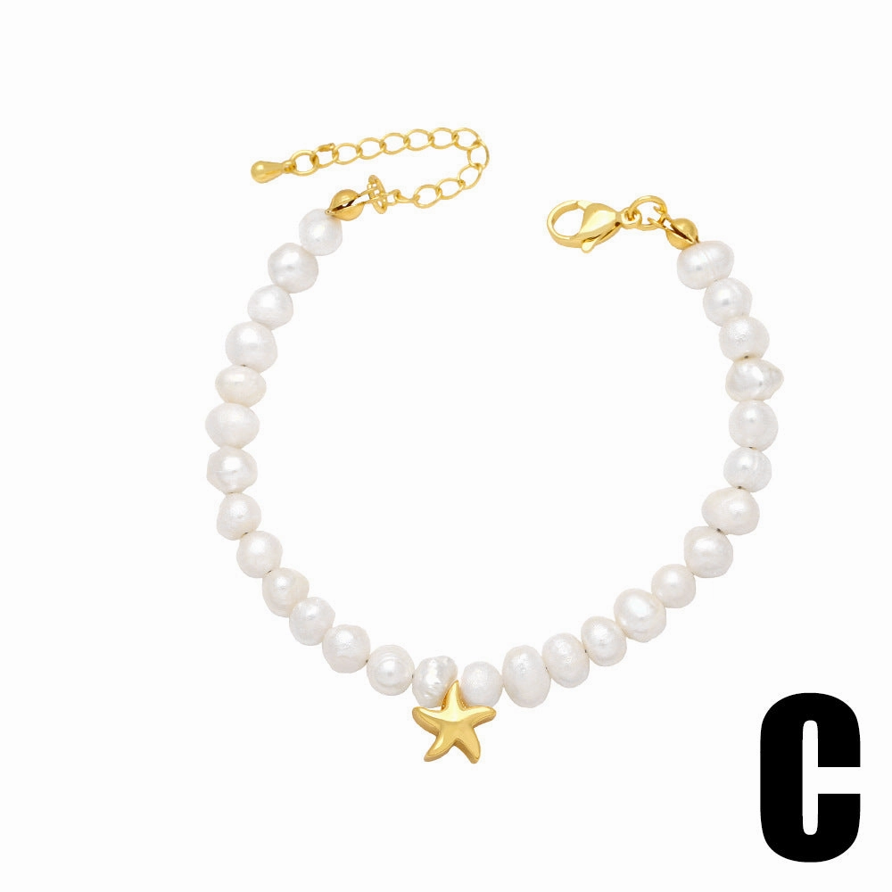 Wholesale Baroque Shaped Pearl Heart Pentagram Copper Bracelet
