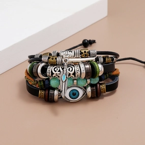 Wholesale Beaded Blue Eyes Leather Bracelet