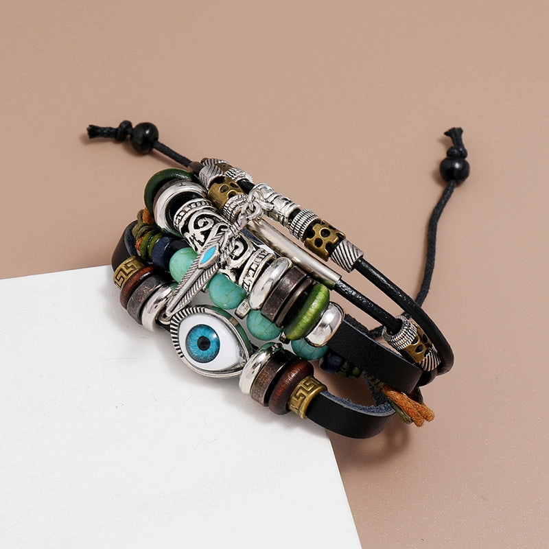Wholesale Beaded Blue Eyes Leather Bracelet