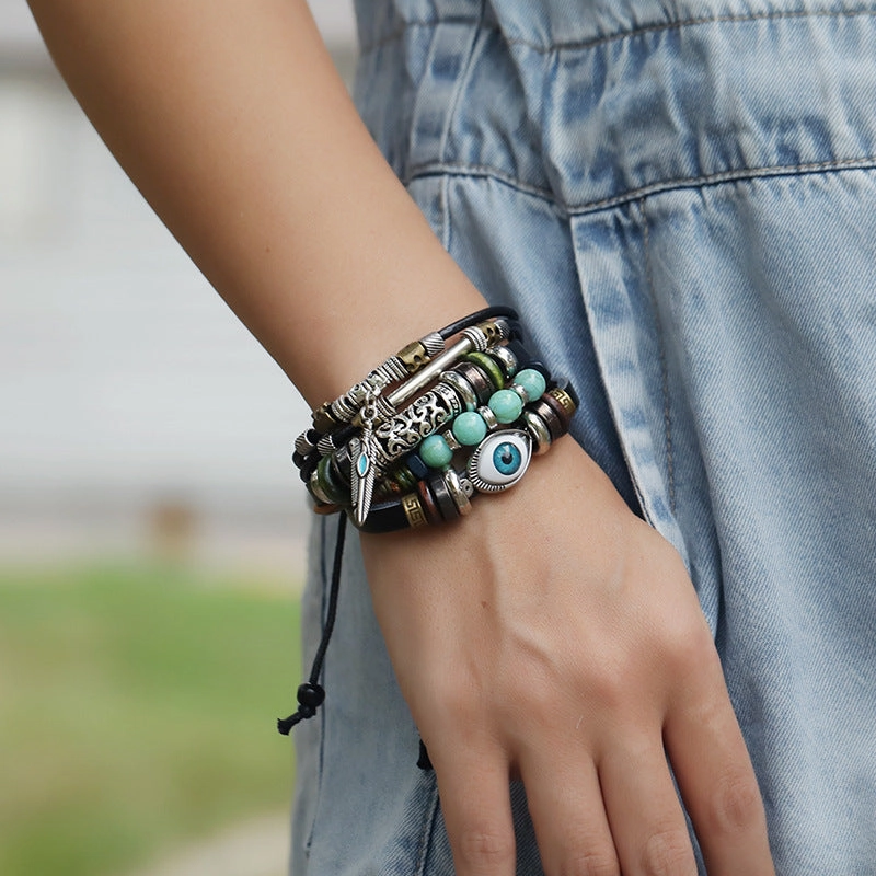 Wholesale Beaded Blue Eyes Leather Bracelet