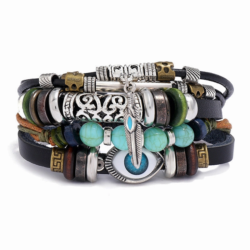 Wholesale Beaded Blue Eyes Leather Bracelet