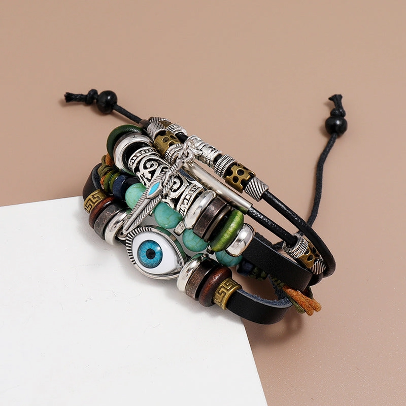Wholesale Beaded Blue Eyes Leather Bracelet