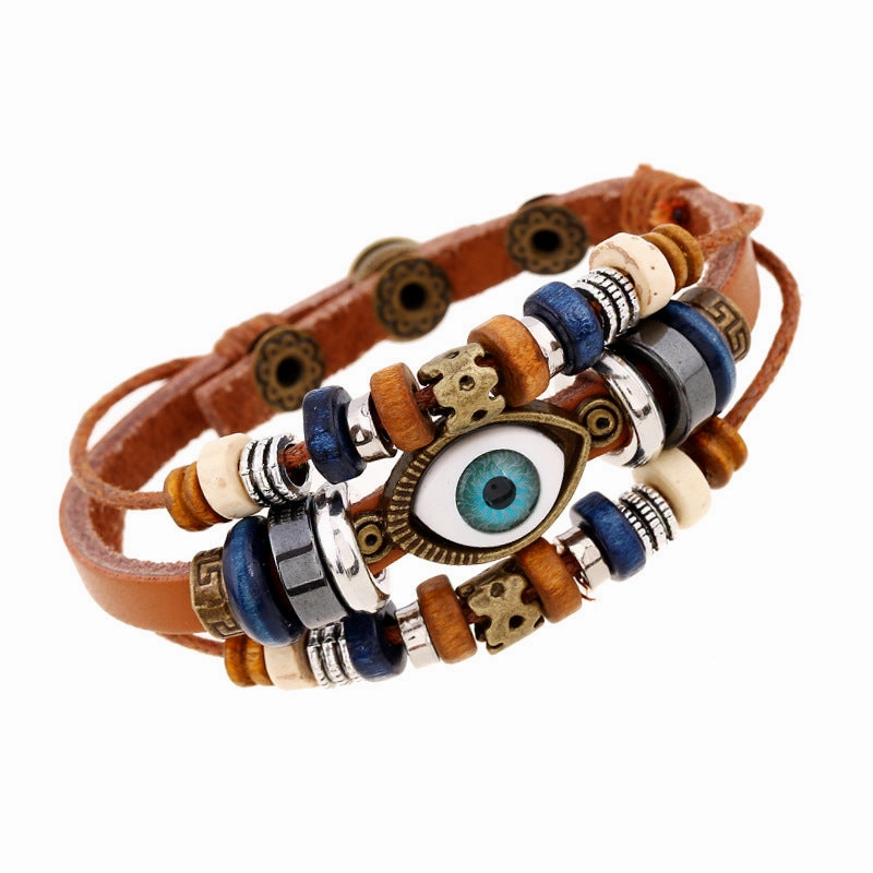 Wholesale Beaded Devil's Eye Cowhide Bracelet