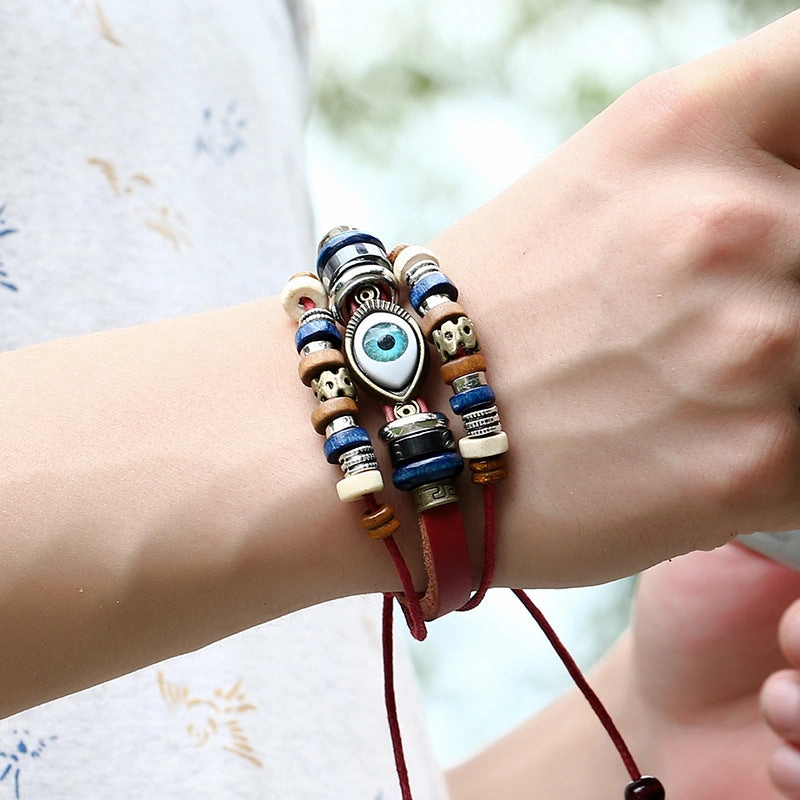 Wholesale Beaded Devil's Eye Cowhide Bracelet