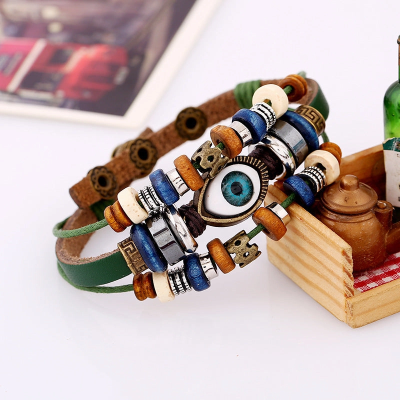 Wholesale Beaded Devil's Eye Cowhide Bracelet