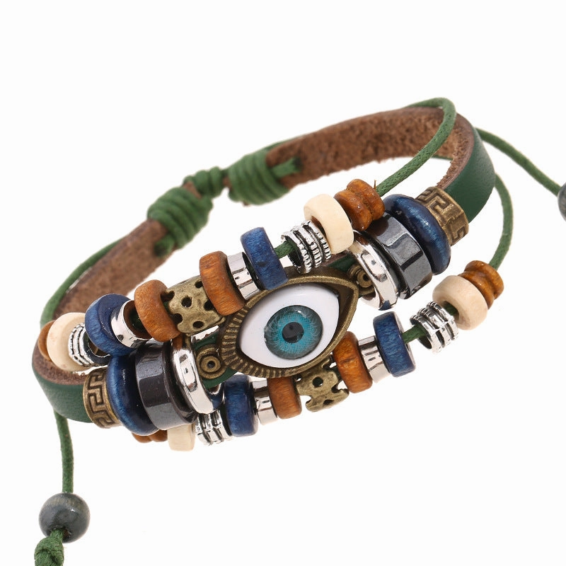 Wholesale Beaded Devil's Eye Cowhide Bracelet
