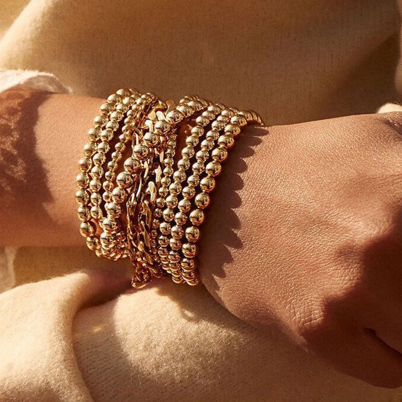 Wholesale beaded gold bracelet men's and women's color-retaining gold-plated elastic multi-layer stacked round bead bracelet bracelet