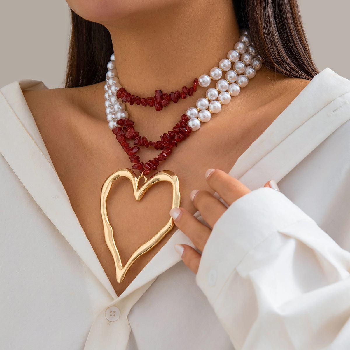 Wholesale Beaded Imitation Pearl Vintage Big Heart Turquoise Alloy Necklace