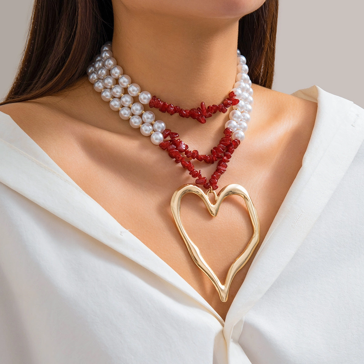 Wholesale Beaded Imitation Pearl Vintage Big Heart Turquoise Alloy Necklace