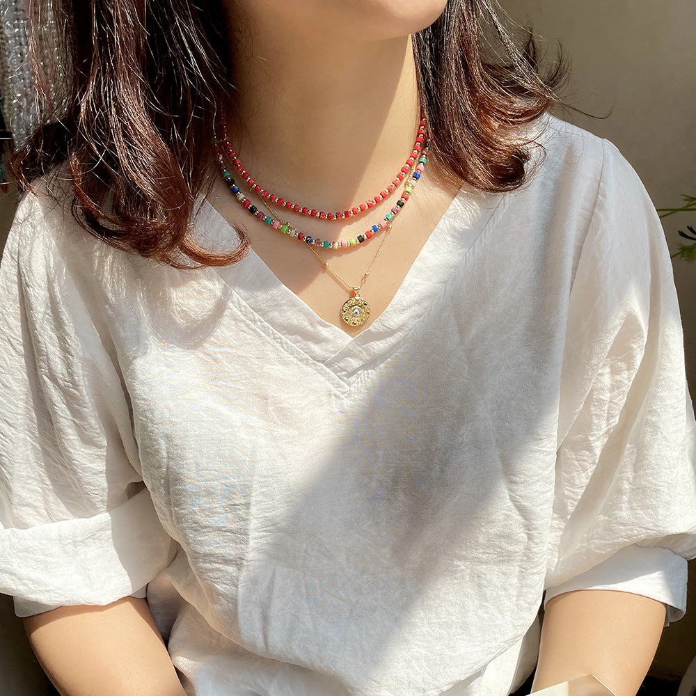 Wholesale Beaded Multilayer Medal Pendant Necklace