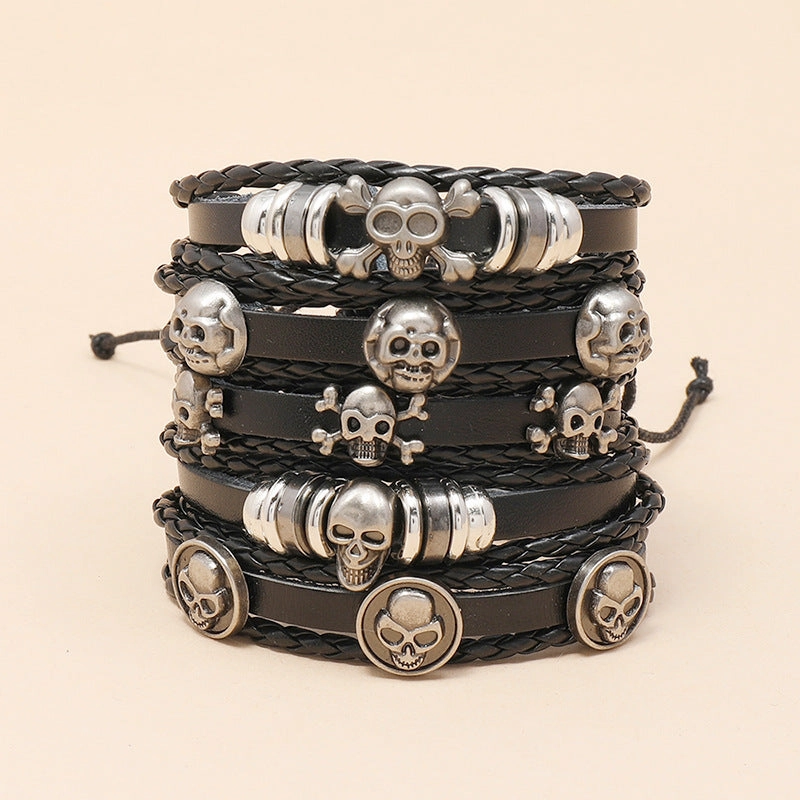 Wholesale Beaded Skull Halloween Leather Bracelet