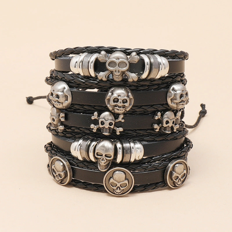 Wholesale Beaded Skull Halloween Leather Bracelet