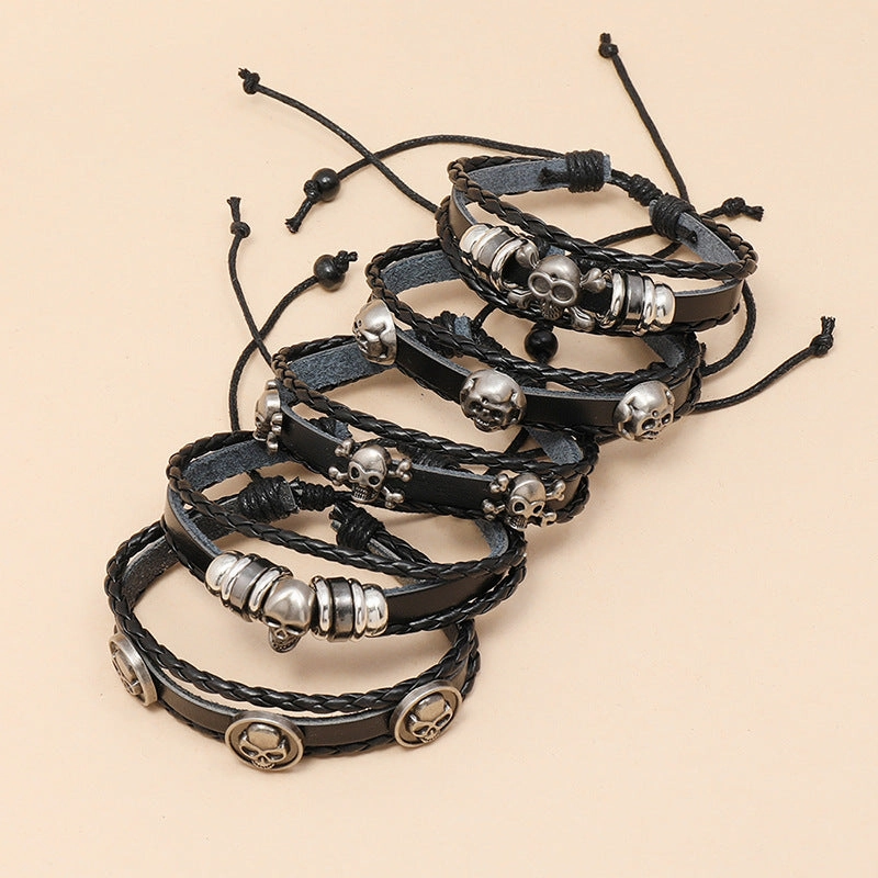 Wholesale Beaded Skull Halloween Leather Bracelet