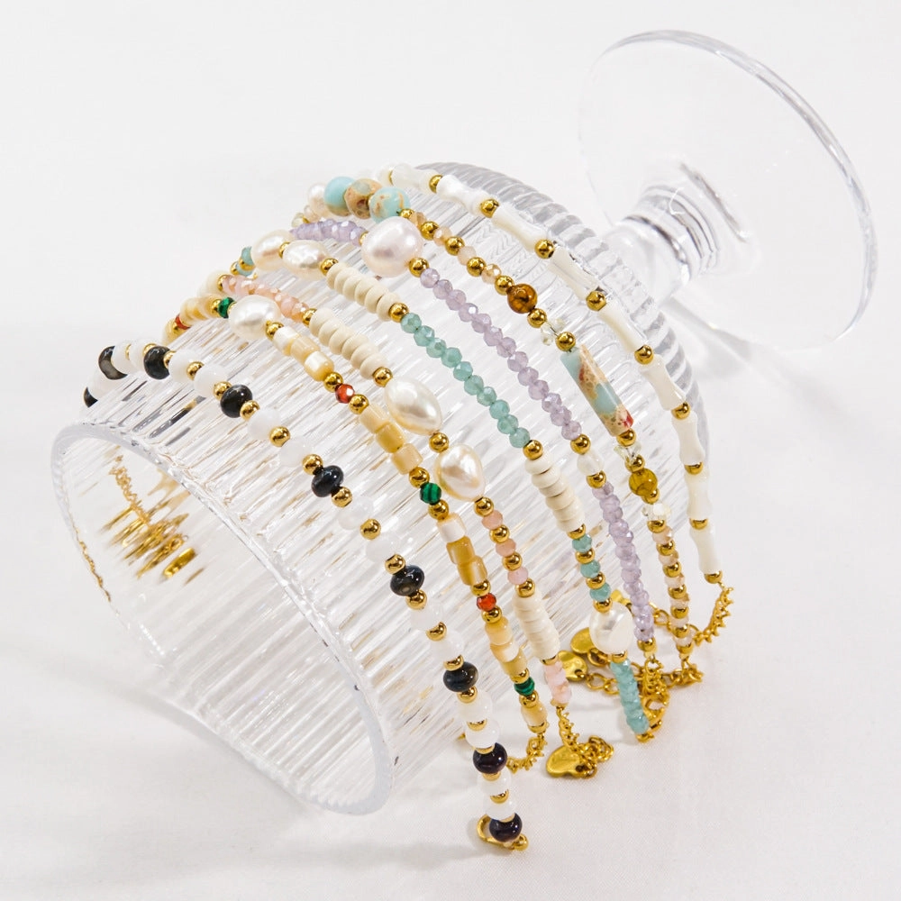 Wholesale Beaded titanium steel natural stone pearl crystal high-end non-fading hand jewelry