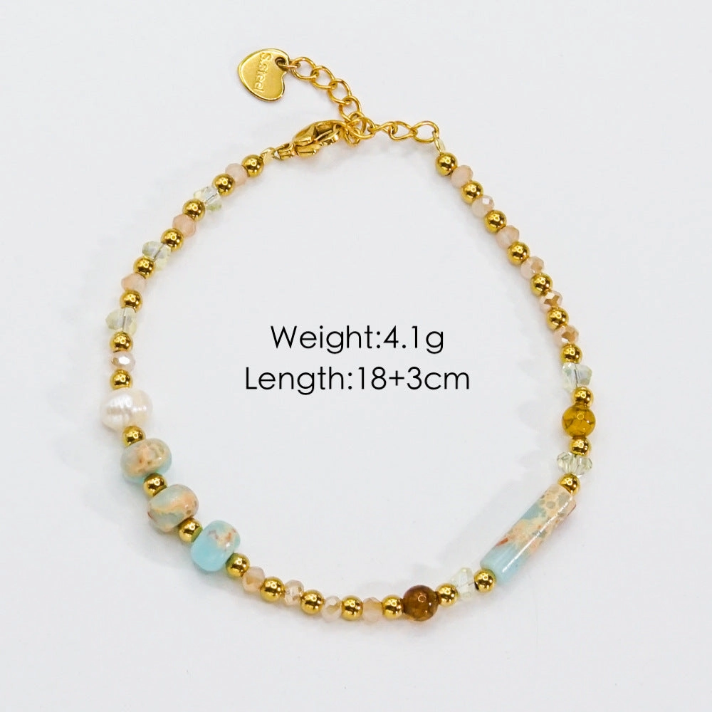 Wholesale Beaded titanium steel natural stone pearl crystal high-end non-fading hand jewelry
