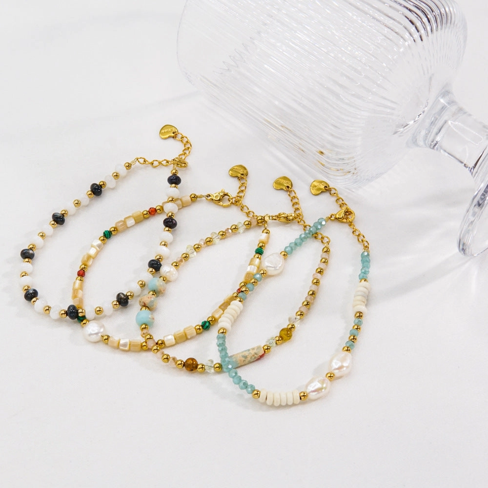 Wholesale Beaded titanium steel natural stone pearl crystal high-end non-fading hand jewelry