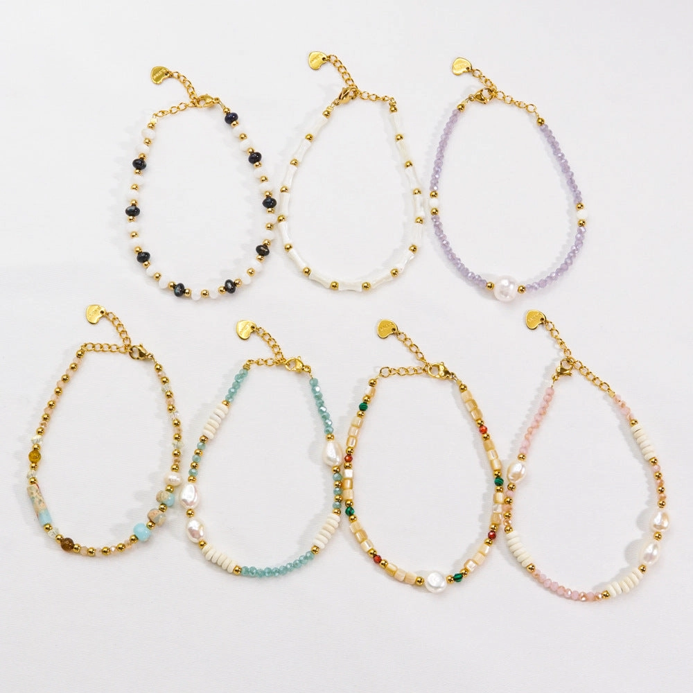 Wholesale Beaded titanium steel natural stone pearl crystal high-end non-fading hand jewelry