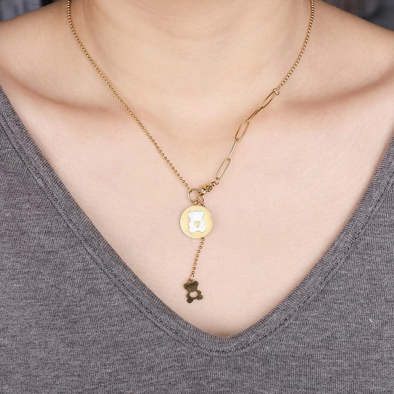 Wholesale Bear 18K Double Pendant Titanium Steel Gold Plated Necklaces