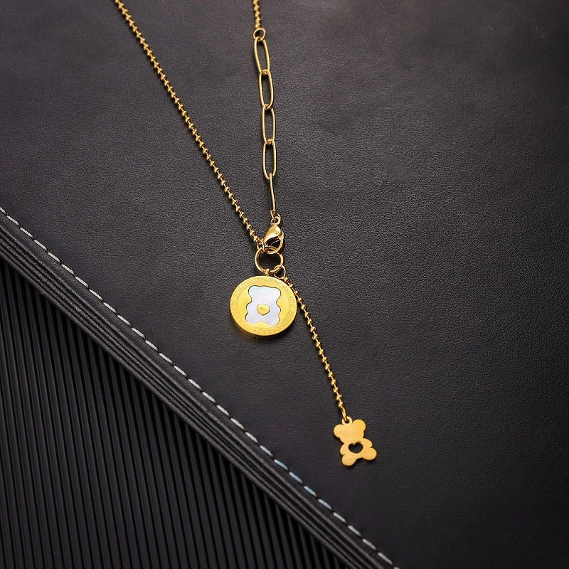 Wholesale Bear 18K Double Pendant Titanium Steel Gold Plated Necklaces