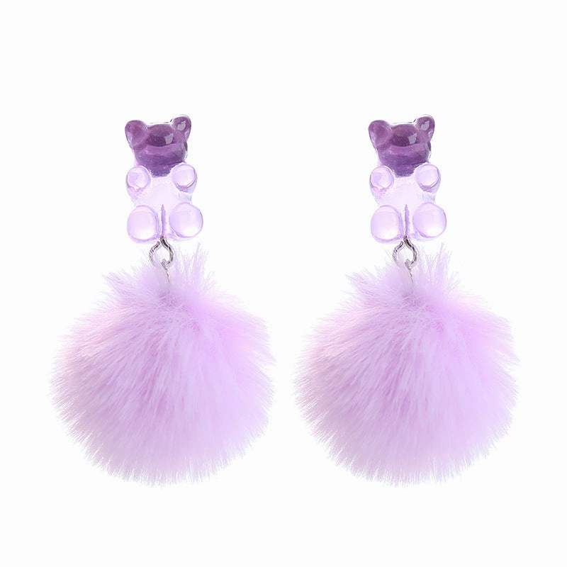 Wholesale Bear Candy Color Fur Ball Earrings