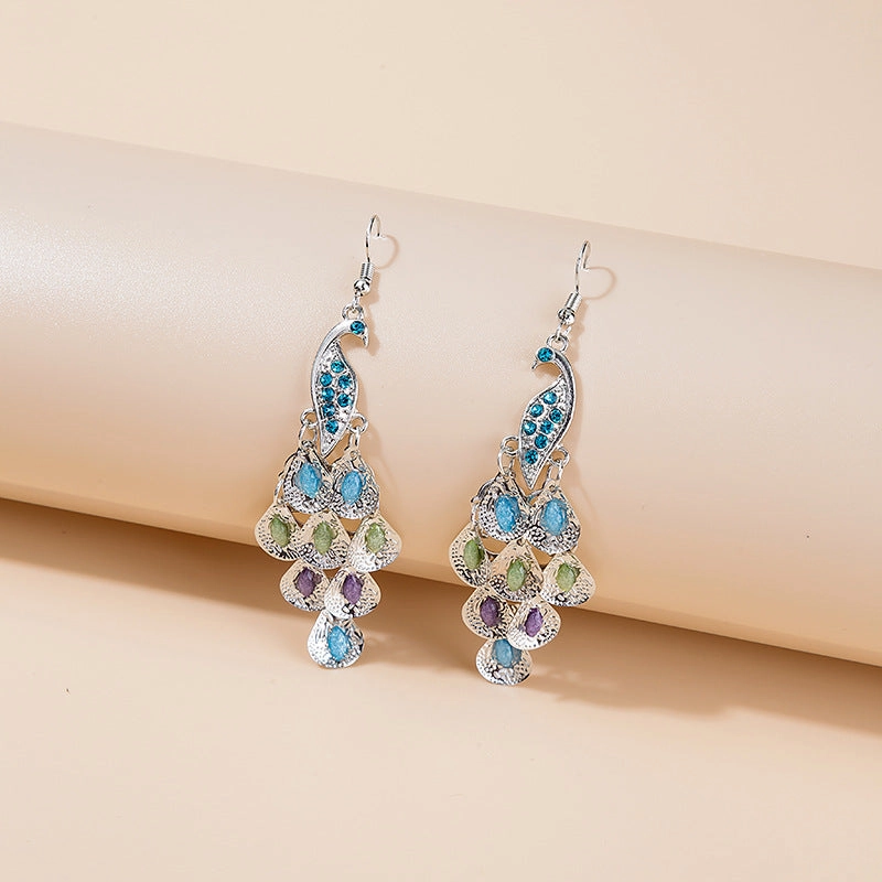Wholesale Big Peacock Scalloped Multilayer Crystal Earrings