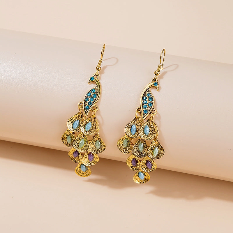 Wholesale Big Peacock Scalloped Multilayer Crystal Earrings