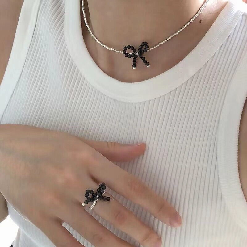 Wholesale black agate bow silver beads s925 silver clavicle chain