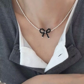 Wholesale black agate bow silver beads s925 silver clavicle chain