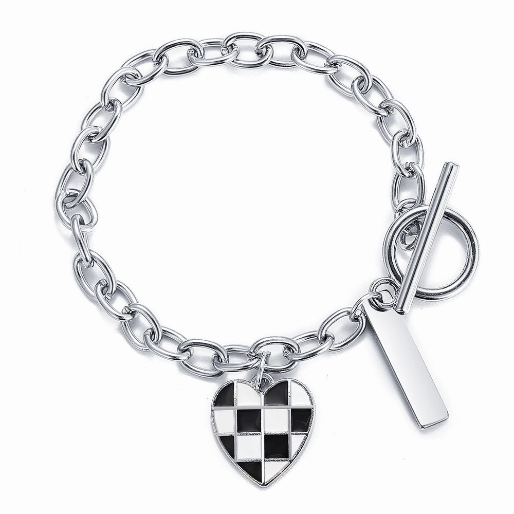 Wholesale Black and White Checkerboard Heart Alloy Bracelet