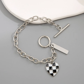 Wholesale Black and White Checkerboard Heart Alloy Bracelet
