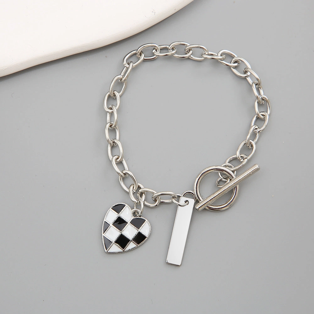 Wholesale Black and White Checkerboard Heart Alloy Bracelet