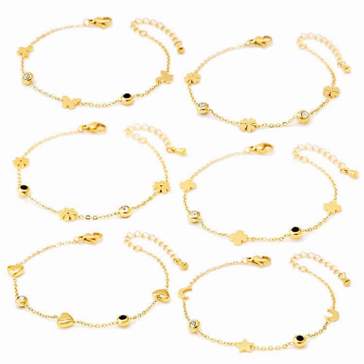 Wholesale Black and White Diamond Butterfly Love Star and Moon Bracelet Titanium Steel 18k Gold Leaf Letter Bracelet