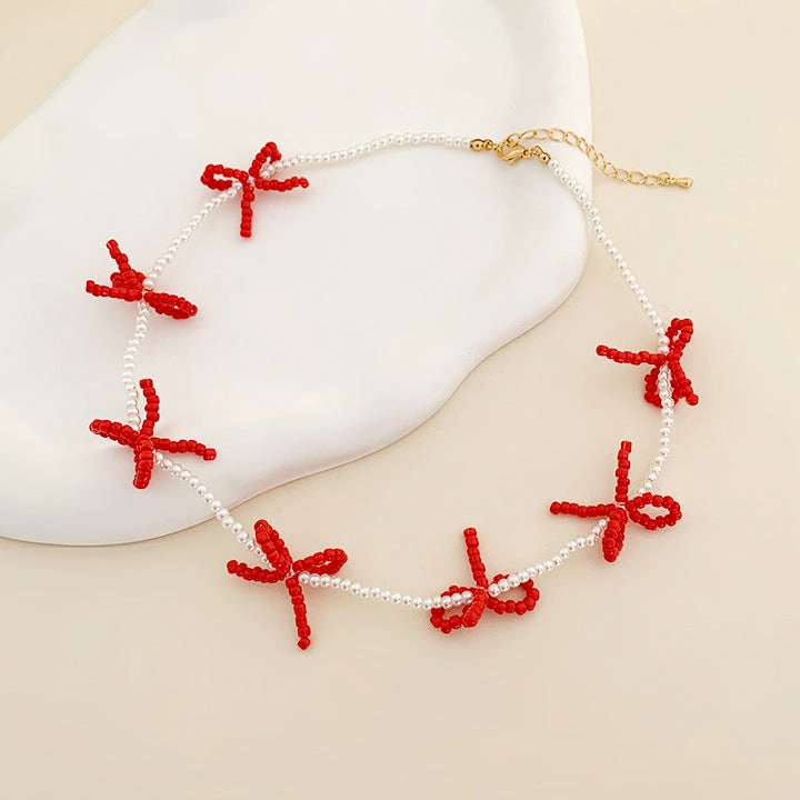 Wholesale Black and White Pearl Crystal Bow Braided Cute Princess Necklace