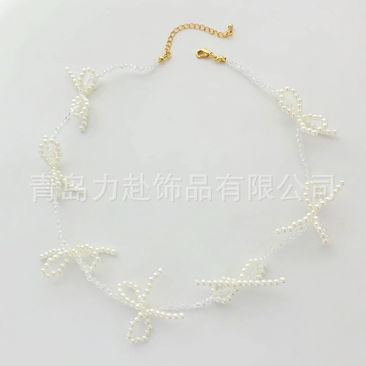 Wholesale Black and White Pearl Crystal Bow Braided Cute Princess Necklace