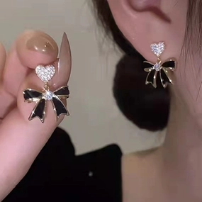 Wholesale Black Bow Love Heart S925 Silver Needle Earrings