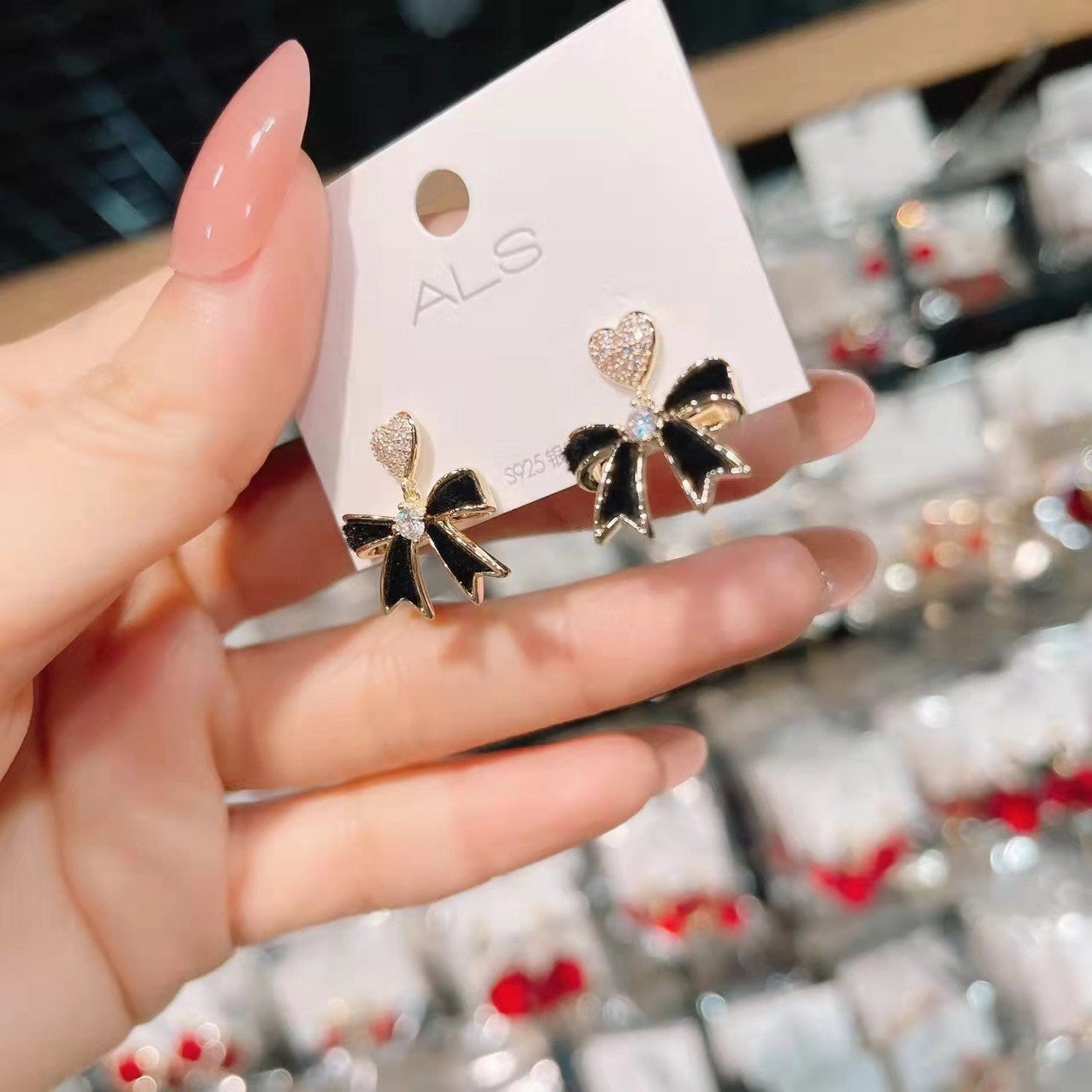 Wholesale Black Bow Love Heart S925 Silver Needle Earrings