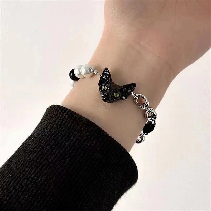 Wholesale Black Cat Pearl Beads Titanium Steel Alloy Bracelet