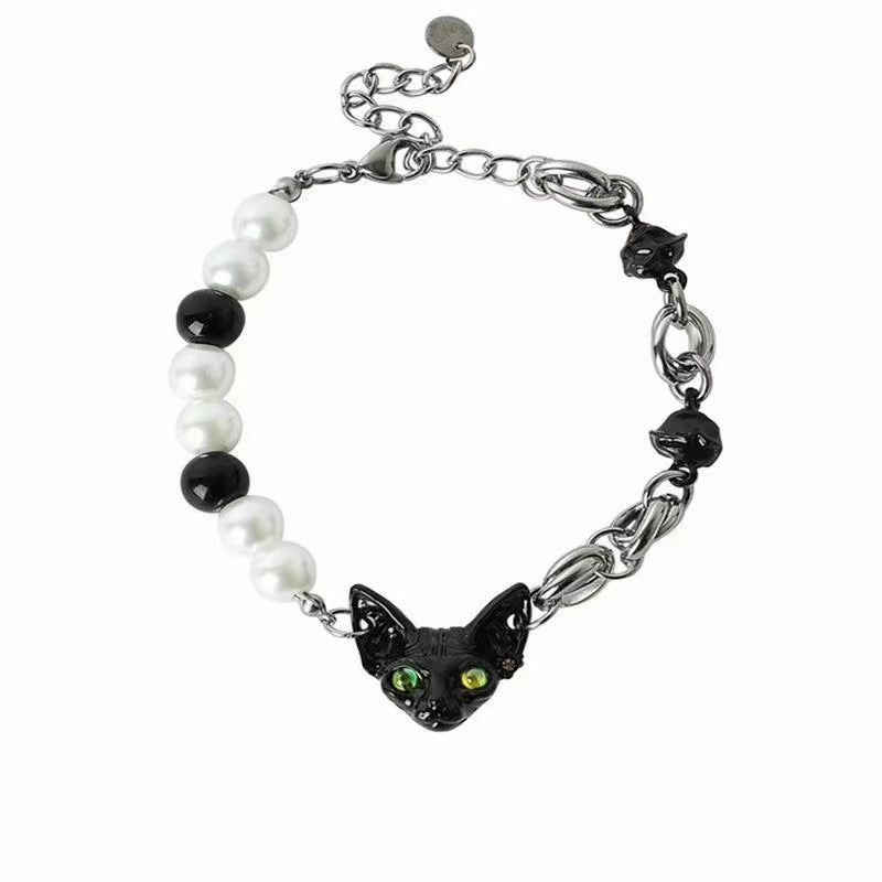Wholesale Black Cat Pearl Beads Titanium Steel Alloy Bracelet