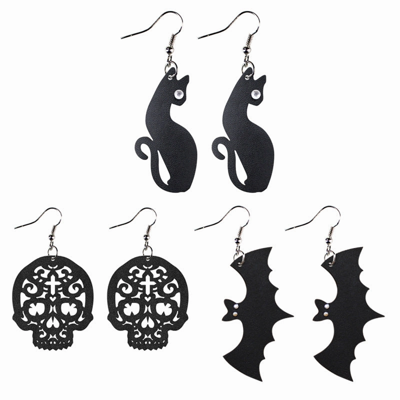Wholesale Black Cat Skull Bat Leather Earrings